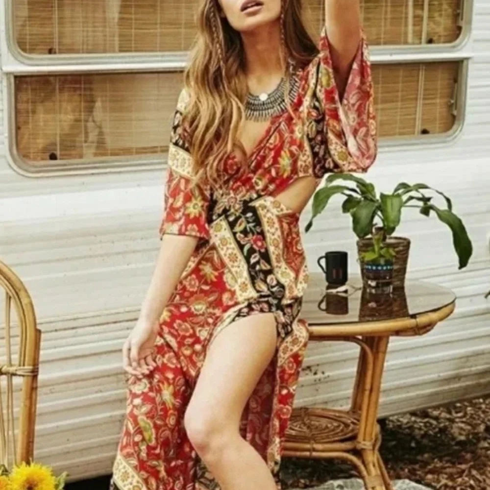 Boho festival floral print red backless midi dress - Picture 4 of 6